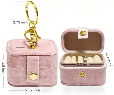 Mini Velvet Ring Box with Keychain Clip, Travel Jewelry Organizer Ring Earrings Storage Box for Proposal Engagement Wedding Ceremony Party, Pet Ring Bearer Accessory, Pink