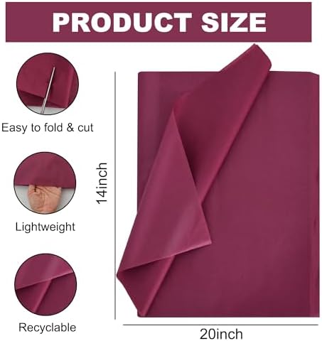 BEISHIDA 100 Sheets Dark Red Tissue Paper Bulk, Wrapping Tissue Paper for Gift Bags, 14 x 20 Inch Gift Wrap for Valentine Birthday Wedding Graduation DIY Crafts Holiday Flowers