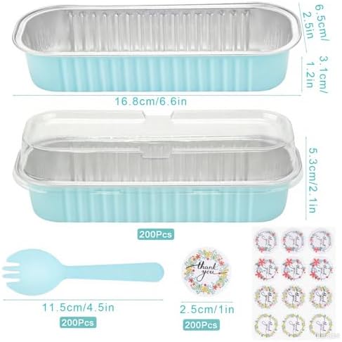 200Pack Mini Cake Pans Disposable Mini Loaf Pans with Lids and Spoons and Stickers, 6.8Oz Aluminum Foil Pans Tins, Individual Dessert Cups Containers for Sales,Party,Picnics Sky Blue