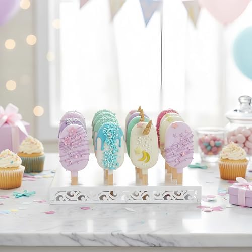 Metal Cakesicle Display Stand with Vine Pattern, 16 Holes, 10.24 x 7.09 x 1.06 Inch, Pre-Assembled Party and Wedding Dessert Holder (White)