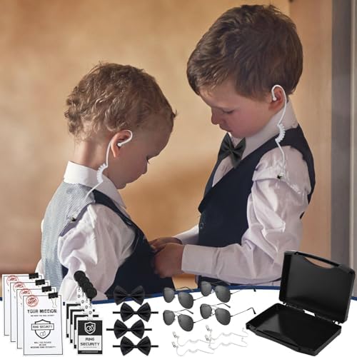 Mepase 28 Pcs Ring Wedding Bearer Security Set Include Ring Bearer Box ID Badge Holder Sunglass Acoustic Earpiece Tube Mission Card with Binder Clip Bow for Kids (4 Pp Suitcase)