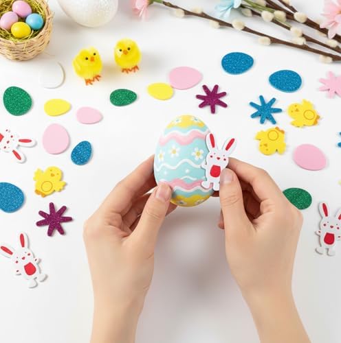 Easter Foam Stickers, 300PCS Easter Stickers for Kids Crafts, Self-Adhesive Spring Sticker Glitter Easter Egg Bunny Chick Flower Decorative Foam Sticker for Easter Decorations Arts Crafts DIY Supplies