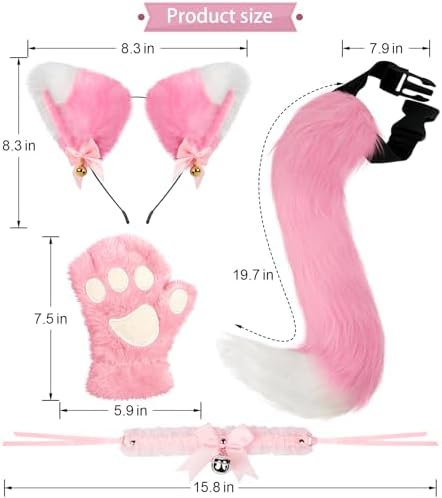 Cat Ears and Tail,Wolf Fox Ears Long Tail and Bell Lace Choker Set for Halloween,Animal Cosplay Party Costume