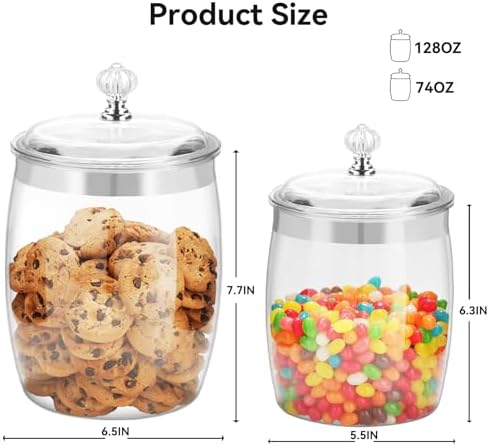 2 Pcs Candy Cookie Jar with Lids - 128 Oz & 74 Oz Plastic Clear Airtight Containers Large Kitchen Pantry Food Apothecary Storage Sealed Canisters for Coffee Cereal Pasta Flour Rice Snack