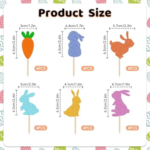 24Pcs Easter Cupcake Toppers, Glitter Bunny Carrot Cupcake Decorations