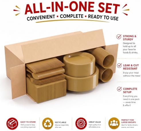 350 Pcs Gold Plastic Plates for Party Gold Disposable Plates Set 50 of Each 9 Dinner Plate Set 7 Dessert Plate Cups Napkins & Cutlery Plastic Dinnerware Set Exquisite