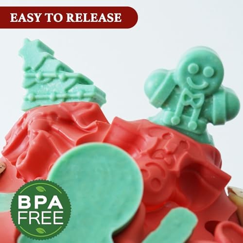 HKNMTT Christmas Silicone Chocolate Molds, 2 PCS Candy Baking Moulds, 3D Snowflake Cane Snowman Xmas Tree Gingerbread Man Santa Claus Gift Box Shape Mold for DIY Handmade Soap Candles Jello