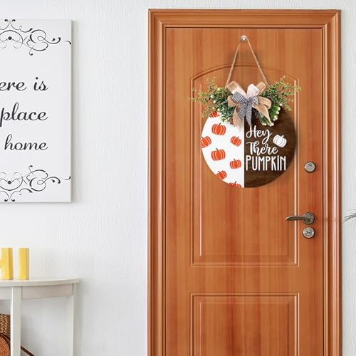 Hey There Pumpkin Front Door Sign 12"x12" Welcome Fall Door Hanger Autumn Thanksgiving Sign Farmhouse Fall Decorations Hanging Porch Sign Rustic Autumn Outdoor Plaques Wall Art Sign for Home