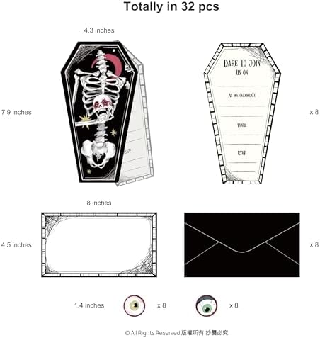 Cheerland Spooky Skeleton Coffin Gothic Summerween Party Invitations Letters With Envelopes and Stickers for Emo Parties Scary Wedding Invitation cards Goth Halloween Party Invites Party Supplies 8Pcs