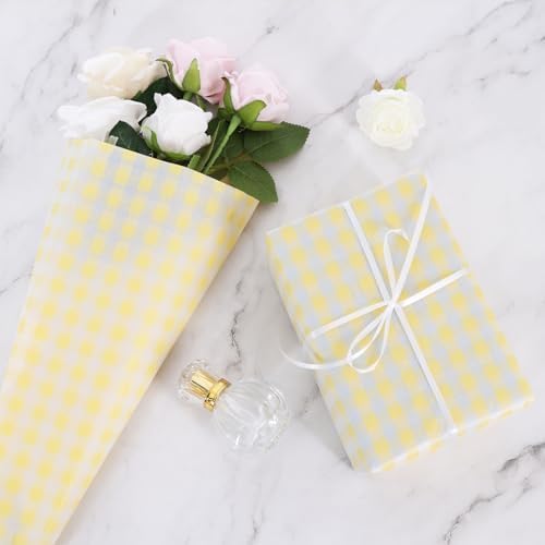 BEISHIDA Gingham Tissue Paper Bulk，Yellow and White Checkered Wrapping Tissue Paper for Gift Bags, 14 x 20 Inch Gift Wrap for Wedding Birthday Easter DIY Crafts Decor Holiday Flowers-50 Sheets