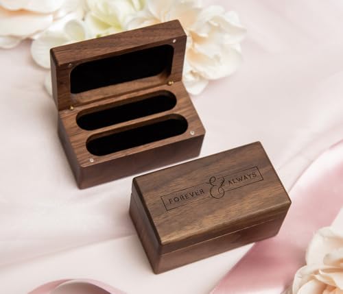 Engraved Walnut Quad Ring Box: "Forever & Always" Wood Ring Holder Case