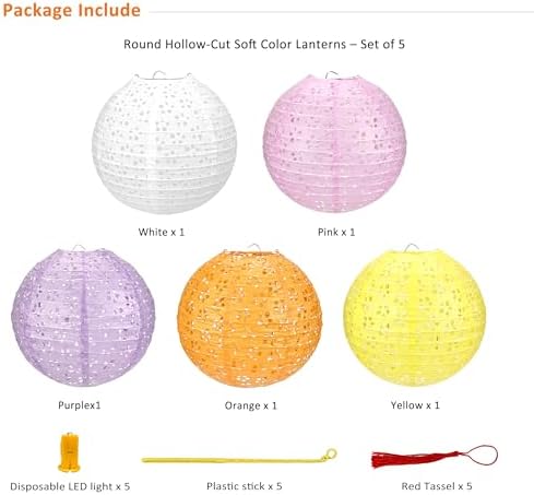 5Pack Paper Lanterns Chinese Japanese Hanging Paper Lanterns with LED Lights Sticks Tassels 8 Inch Round for Chinese Lunar New Year Party Decorations 2026 Spring Festival Wedding Asian Home Decor