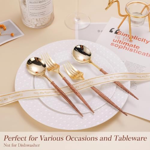 Lullaby 100PCS High End Gold Plastic Forks & Spoons with Wood Grain Handle
