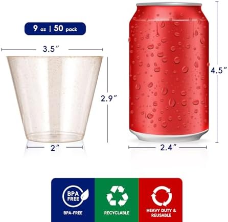 JOLLY CHEF 50 Pack 9 oz Glitter Plastic Cups, Disposable Gold Cups, Clear Plastic Tumblers for Weddings Thanksgiving, Christmas Parties