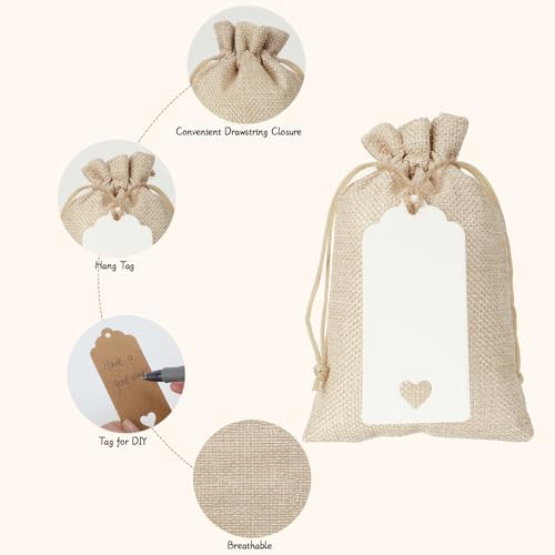 Tapleap 30Pcs Small Burlap Gift Bags, 4x6”- With Tags & Strings