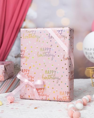 MAYPLUSS Birthday Wrapping Paper Roll, Pink Metallic Holographic Happy Birthday Wrapping Paper Featuring Revesible Stripe Gift Wrap Paper for Girls Boys Kids Men, 17 Inches x 33 Feet