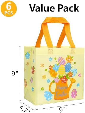 SUNCOLOR Easter Gift Bags, 6 Pack Non-Woven Tote Bags with Bunny Design, 9x9x4.7 Inch, Reusable Party Supplies for Kids Egg Hunt Games