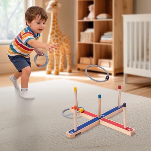 WILLOWDALE Wood Ring Toss Game for Kids, Outdoor Yard Games with 5 Rings