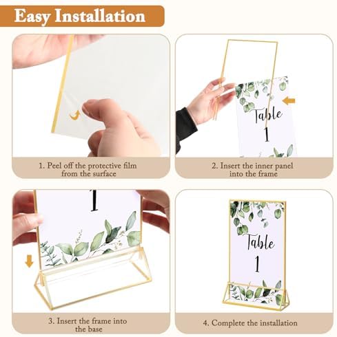 Floroom 12 Pack 5x7 Inch Clear Acrylic Sign Holders, Double-Sided Gold Display Stand Picture Frames for Table Numbers, Menus, Flyers, Weddings, and Offices