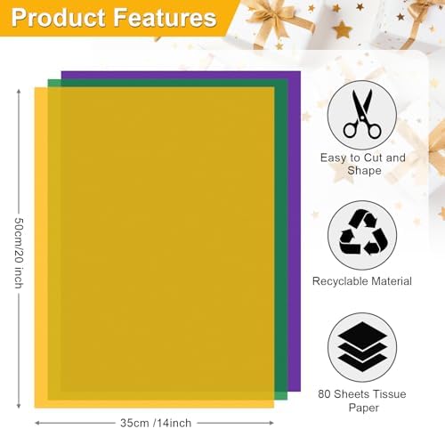 Purple, Yellow, Green Tissue Paper - Mardi Gras Wrapping Paper, 80 Sheets, 14x20 Inch, Bulk - Gift Bag, Carnival, Masquerade, Holiday Party Favor Decor