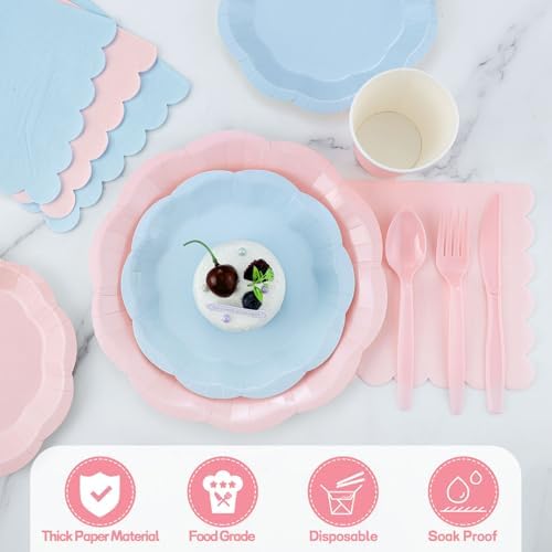 175 Pcs Baby Gender Reveal Plates and Napkins Set, 25 Guest Boy or Girl Gender Reveal Party Supplies Include Light Pink and Light Blue Plates Napkin Cup Plastic Spoon Fork Knive for Baby Shower