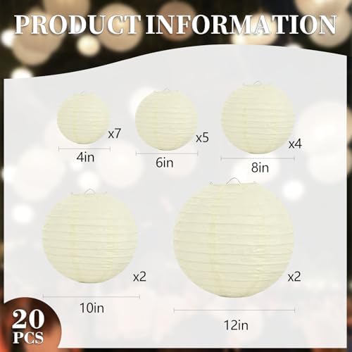 20Pcs Cream Paper Lanterns for Parties, 4” 6” 8” 10” 12” Chinese Asian Hanging Round Paper Lanterns for Birthday Wedding Halloween Christmas Home Decor Party Decor