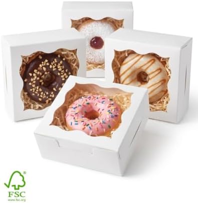 qiqee Bakery Box with Window 4x4x2.5 4*4*2.5inch/100Packs White Macaron Boxes Small Donut Pastry Boxes for Party Mini Cookie Boxes(5 Diferent Gift Include)