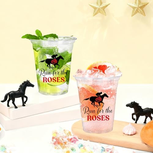 Whaline 50 Pcs 12 Oz Derby Disposable Cup Run for Roses Plastic Party Cup Clear Glasses for Coffee Juice Drink Decorations Party Supplies