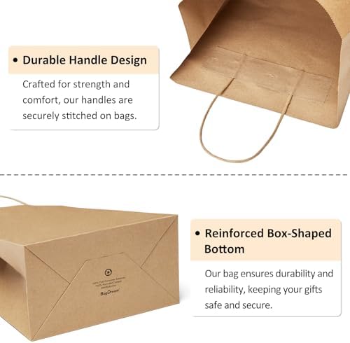 BagDream Gift Bags with Handles 8x4.25x10.5 Inch Brown 100 Pack Bulk