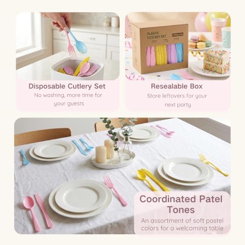 300Pcs Pastel Plastic Silverware Set, Full Size Disposable for Dinner