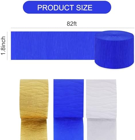 BEISHIDA 6 Rolls Blue Gold White Crepe Paper Streamers for Graduation Retirement Prom Anniversary Bridal Shower Men Birthday Celebration Party Decorations, piñatas DIY Craft Paper (492 Ft)
