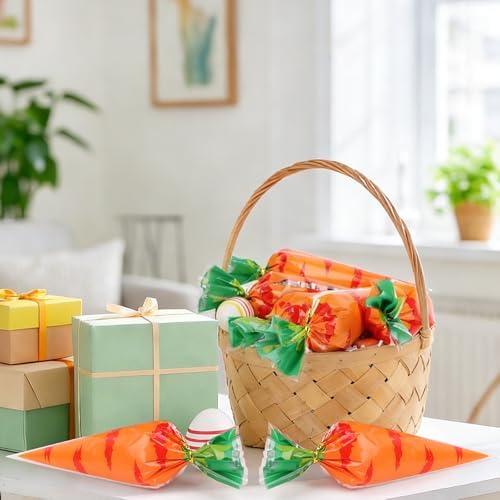 FOIMAS 120pcs Easter Cellophane Treat Bags,Carrot Shaped Candy Goodie Bags Cookie Bag for Easter Party Decoration Supply