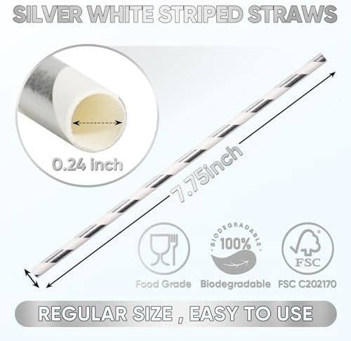 Silver and White Striped Paper Straws, 7.75 inch Disposable Drinking Straws for Cocktails, Brithday, Weddings - 100% Biodegradable & Compostable