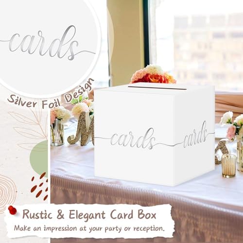 Elegant Wedding Card Box, Silver Foil Gift Card Box Holder for Party, White