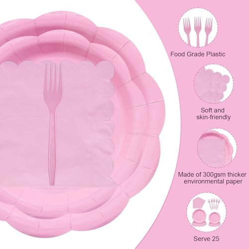 96 Pieces Pink Party Tableware Set – Scalloped Disposable Plates, Napkins and Forks, Solid Pink Party Supplies for Birthday, Baby Shower, Princess Party and Tea Party Decorations