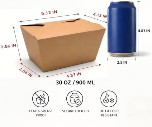 Kraft Food Containers with Lids, 50 Pack 30 oz Disposable Take Out Boxes, Microwave Safe & Leak Resistant Paper Food Containers for Meal Prep, Restaurant, Catering & Food Delivery