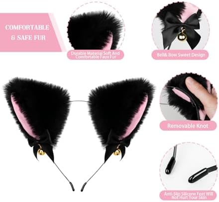 Cat Ears and Tail,Wolf Fox Ears Long Tail and Bell Lace Choker Set for Halloween,Animal Cosplay Party Costume