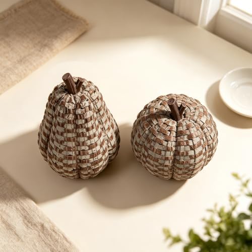 winemana 2 Pack Fall Pumpkin Decor, Woven Resin Pumpkins for Indoor Home