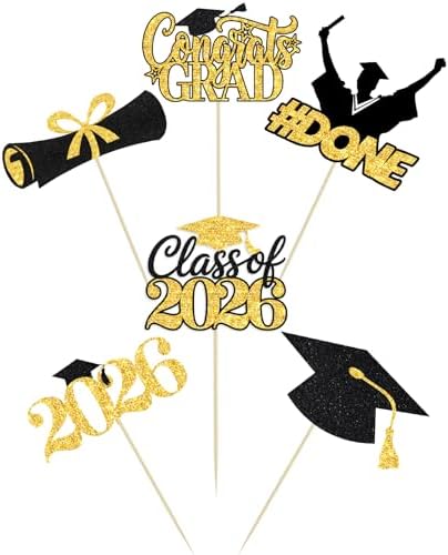 24 Pieces 2026 Graduation Cupcake Toppers and Wrappers, Adjustable Grad Cap Diploma Cake Decorations for Class of 2025 Graduation Party Supplies (Black Gold)