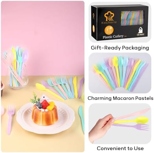 Kochorie 90 Pieces Pastel Plastic Cutlery Set, Macaron Colors