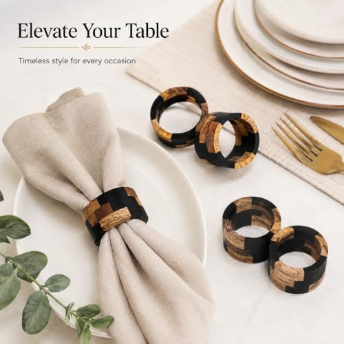 Wooden Napkin Rings - Set of 12 Wood Napkin Holders for Modern Tabletop Decor, Perfect for Weddings, Parties, Special Events & Everyday Dining (Black Natural) - ALPHA Living HOME