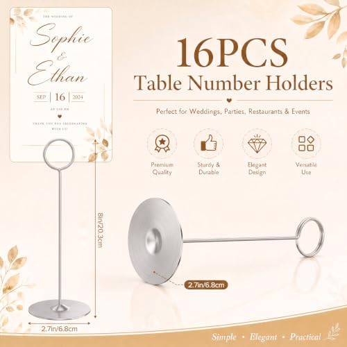 Urban Deco 16 Pieces Table Card Holder 8 inches Table Number Holders Place Steel Card Holders for Photos, Food Signs, Memo Notes, Weddings, Restaurants, Birthdays（Matte Silver）