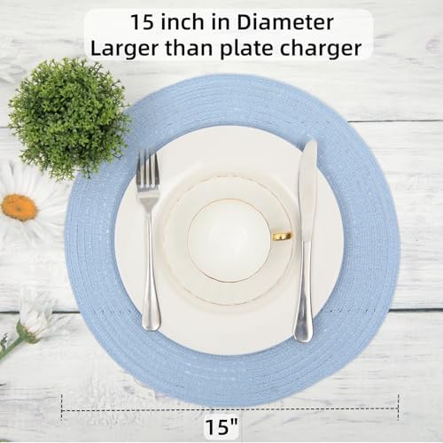SHACOS Round Braided Placemats Set of 8 Washable 15 inch Round Non Slip Table Place Mats for Dining Tables Wedding Party Decor (Light Blue, 8)
