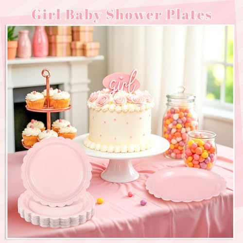 NatNarr 30 Pk Pink Paper Plates 9" Disposable Scalloped Pink Birthday Plate