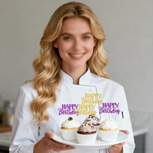 30 PCS Happy Birthday Cupcake Toppers Glitter Happy Birthday Cupcake Picks for Celebrating Anniversary Theme Christmas Party Cake Decorations Supplies Gold Purple