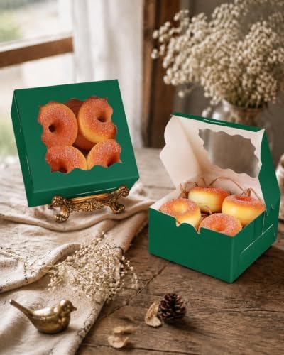 qiqee Deep Green Cookie Boxes with Window 36packs 6x6x3 Deep Green Bakery Box Pastry Box for Wedding Favor Birthday ＆ Party