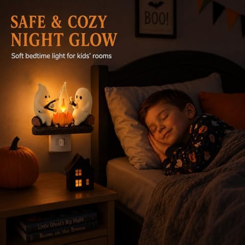 Ghost Campfire Night Light, Plug-in Wall Flickering Flame Nightlight, Halloween 3D Cute Spooky Marshmallow Ghost Decoration for Bedroom, Spooky Season Home Halloween Decor for Kids Adults