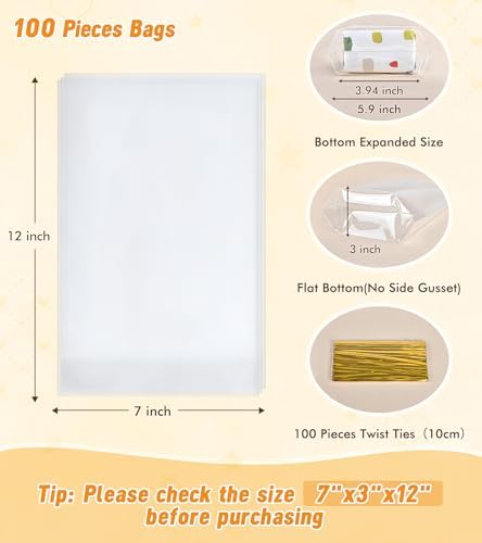 Flat Bottom Cellophane Bags with Twist Ties, 100 Pcs 7x3x12 Inches Cellophane Wrap for Gift Clear Cello Bags Flat Bottom Clear Treat Bags Plastic Packaging for Cookie Candy Goodie (No Side Gusset)