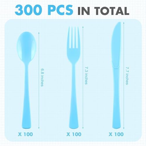 Kochorie 300 Pcs Light Blue Plastic Silverware, Disposable Plastic Utensils