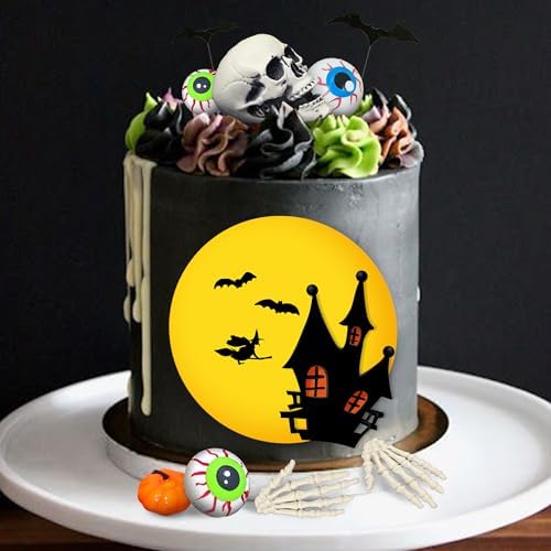 Halloween Cake Toppers Tombstone Moon Cake Topper Pumpkin Skull Head Eyeballs Skeleton Hands Cake Decorations for Trick-or-Treat Halloween Birthday Supplies (Style 01)